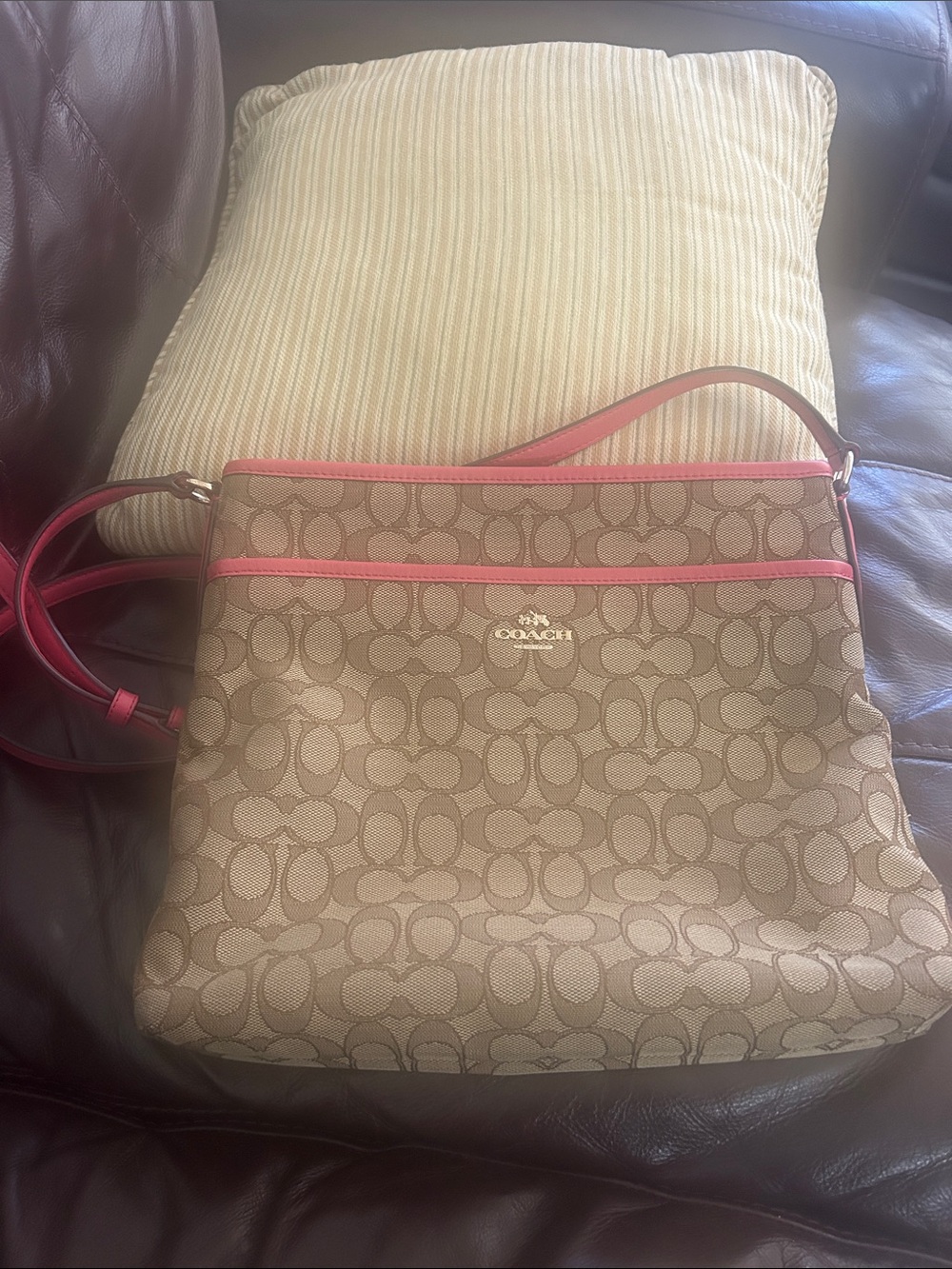 Vintage Coach Khaki Signature Crossbody with Pink Trim